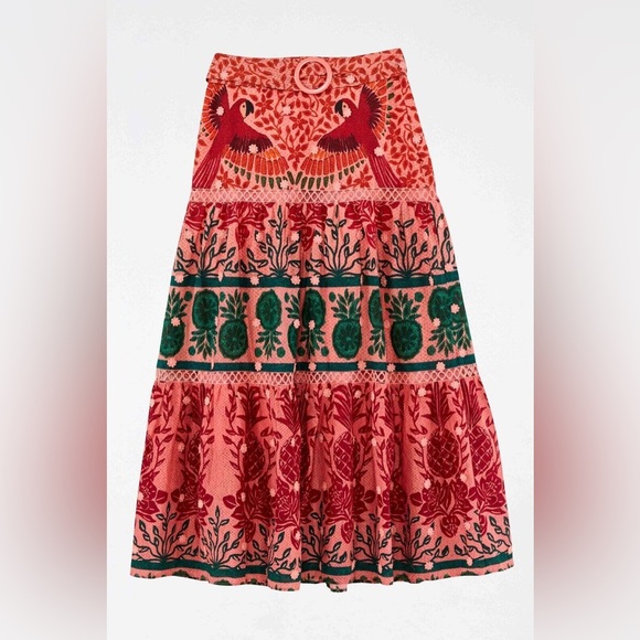Farm Rio Ainika Print Macaws 3D Flower Apliques Maxi Skirt - Picture 2 of 12